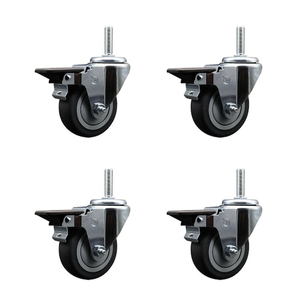 Service Caster 35 Inch Thermoplastic Rubber Wheel Swivel 34 Inch Threaded Stem Caster Set with Brake SCC SCC-TS20S3514-TPRB-PLB-34212-4 - main